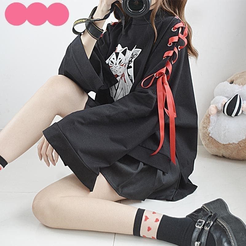 Anime fox printed cross ribbon Lolita Girls' T-shirt harajuku spring Black Top skirt hoodies-Daily wear - MoonCos