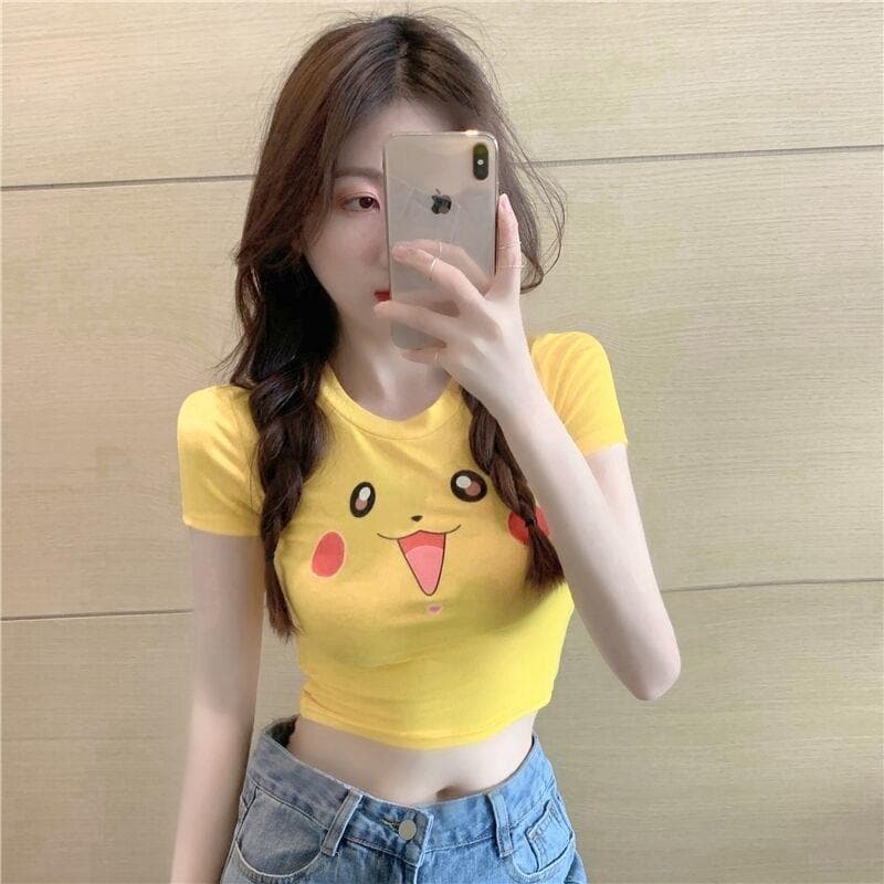 Cute Cartoon T-shirt Slim-fit Kawaii Pikachu short Sleeves Cartoon Jigglypuff Sexy T-shirt Female Short Sleeves Summer Sleeved Women Cosplay Girl Sex Costume Female T-shirt-Daily wear, Pokemo