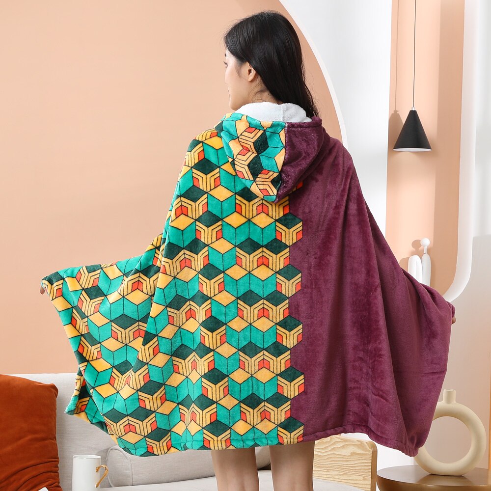 Tomioka Giyuu Cosplay Cloak Cape Anime Demon Slayer Hoodie Christmas Gift Blanket Rengoku Kyoujurou Plush Flannel Anime Blanket-Demon SLayer - MoonCos