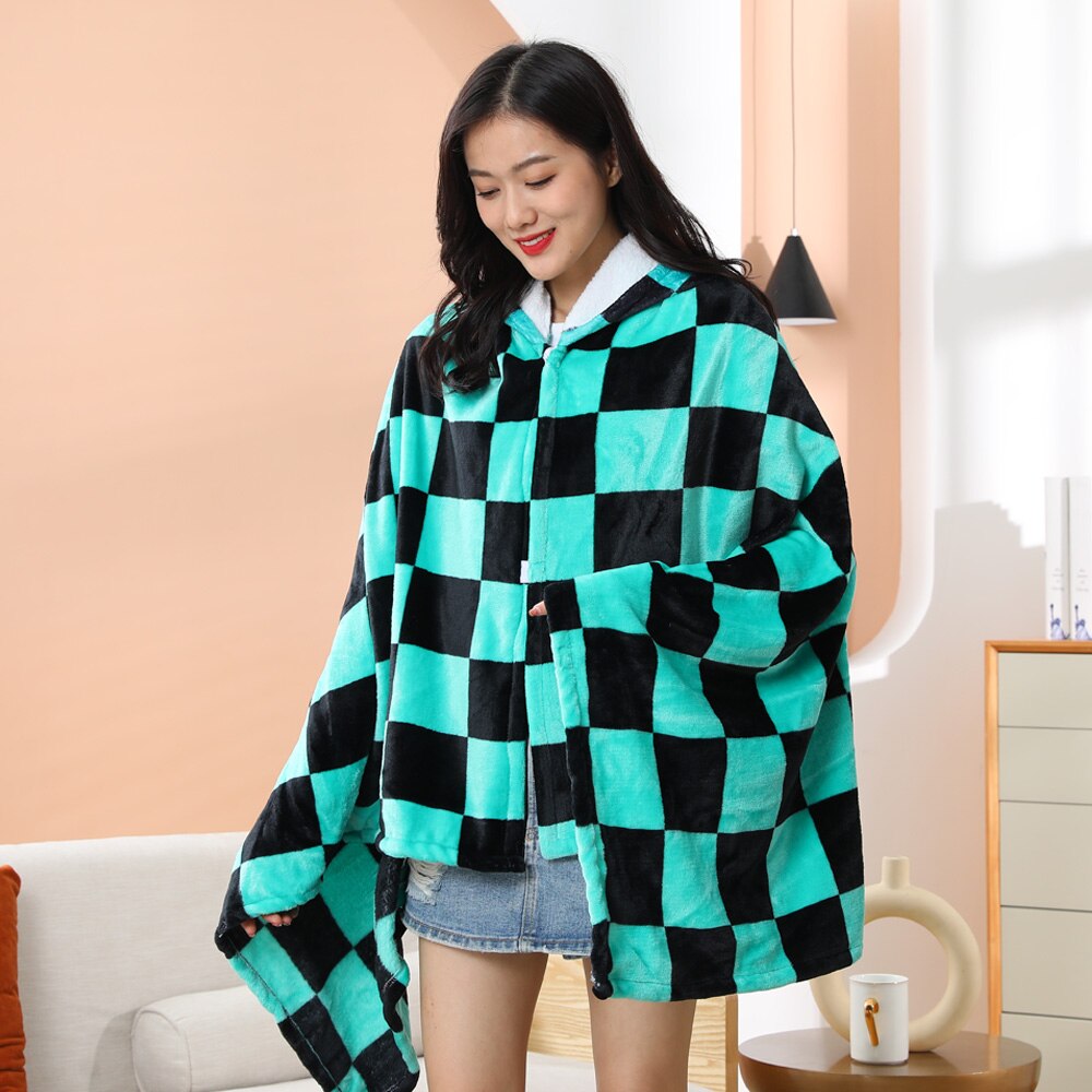 Tomioka Giyuu Cosplay Cloak Cape Anime Demon Slayer Hoodie Christmas Gift Blanket Rengoku Kyoujurou Plush Flannel Anime Blanket-Demon SLayer - MoonCos