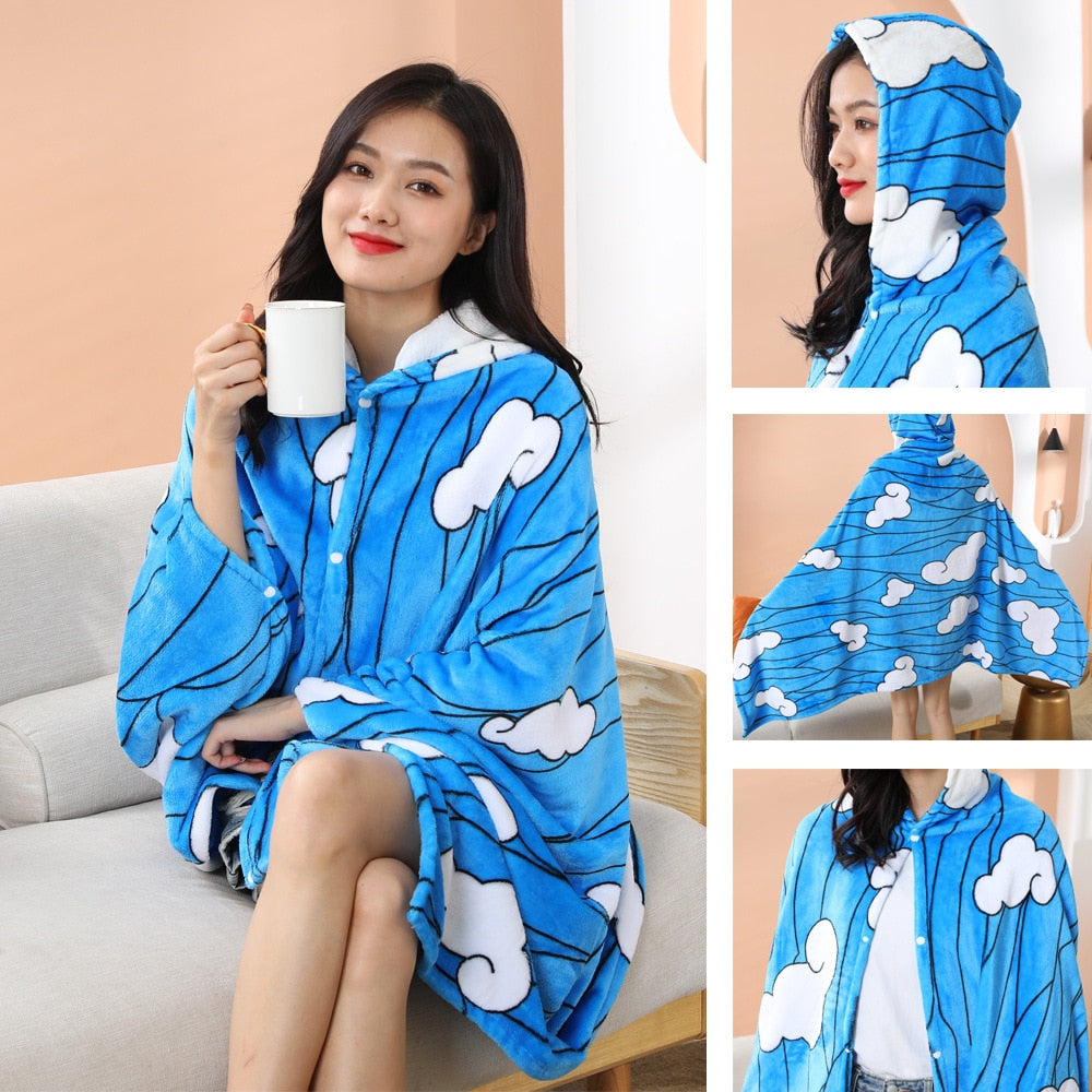 Tomioka Giyuu Cosplay Cloak Cape Anime Demon Slayer Hoodie Christmas Gift Blanket Rengoku Kyoujurou Plush Flannel Anime Blanket-Demon SLayer - MoonCos
