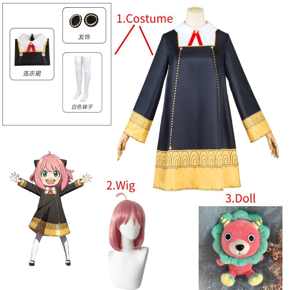 Anya Cosplay Costume Dress Suit Anime Spy X Family Outfit Anya Forger Cos With Wig Earring Plush Doll-New Arrivals, Spy X Family - MoonCos