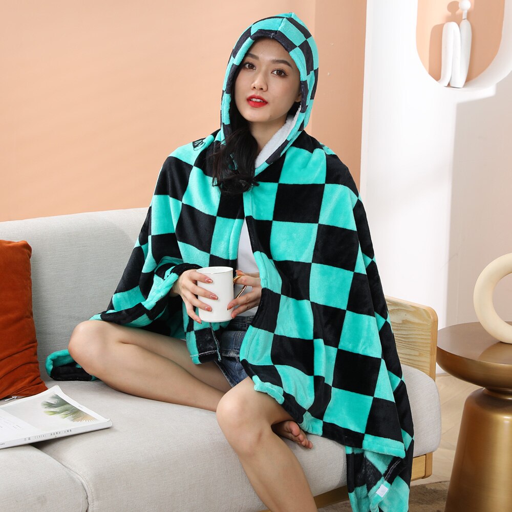 Tomioka Giyuu Cosplay Cloak Cape Anime Demon Slayer Hoodie Christmas Gift Blanket Rengoku Kyoujurou Plush Flannel Anime Blanket-Demon SLayer - MoonCos