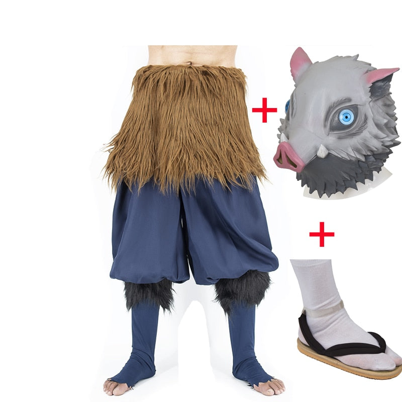 Hashibira Inosuke Cosplay Costume Pig Silicone Mask Anime Demon Slayer Outfit Kimetsu no Yaiba Black Socks Sandals-Demon SLayer - MoonCos
