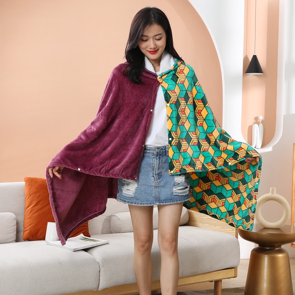 Tomioka Giyuu Cosplay Cloak Cape Anime Demon Slayer Hoodie Christmas Gift Blanket Rengoku Kyoujurou Plush Flannel Anime Blanket-Demon SLayer - MoonCos