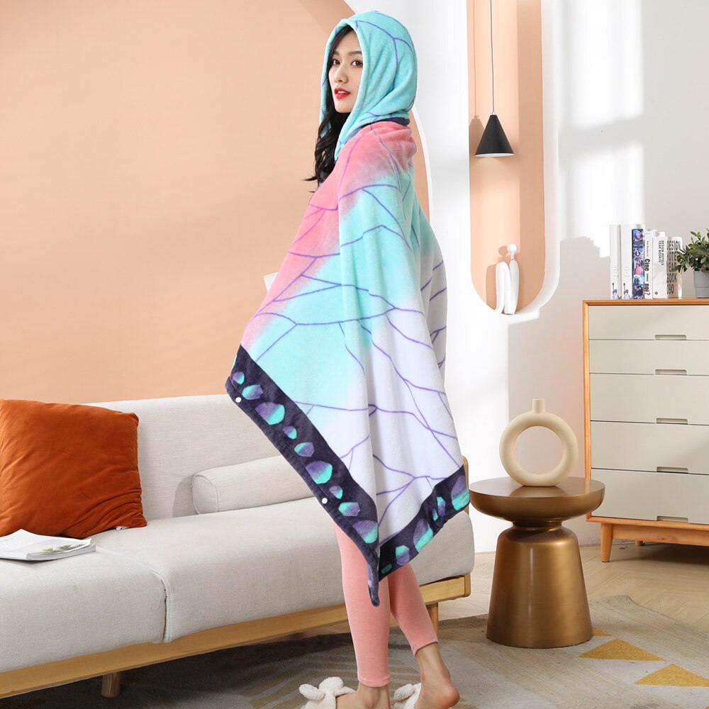 Tomioka Giyuu Cosplay Cloak Cape Anime Demon Slayer Hoodie Christmas Gift Blanket Rengoku Kyoujurou Plush Flannel Anime Blanket-Demon SLayer - MoonCos