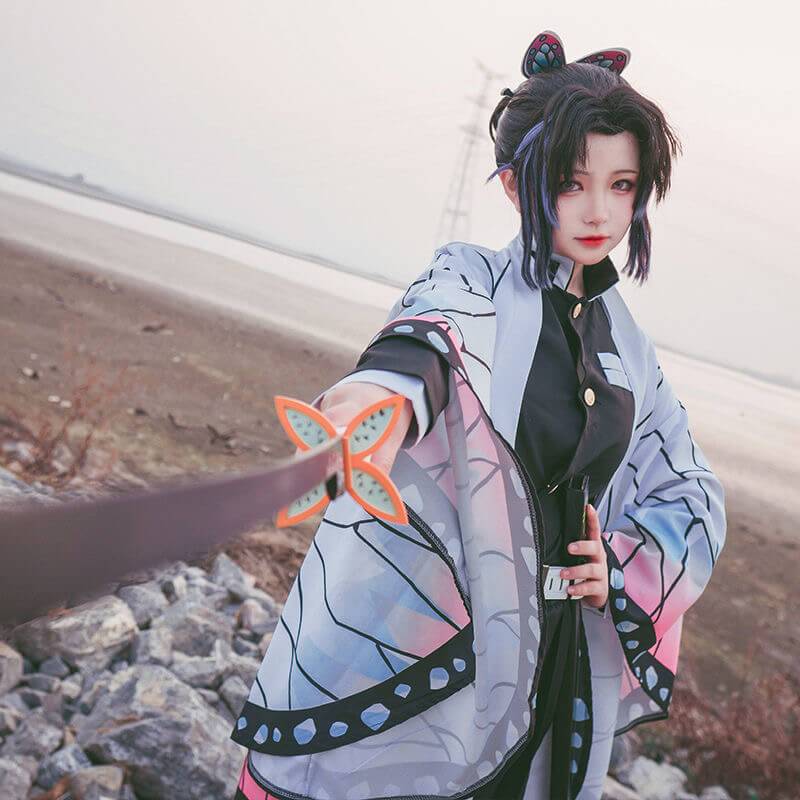 Shinobu Kocho Cosplay Costume Anime Demon Slayer Kimetsu No Yaiba Cos Full set Mushi Bashira Kocho Shinobu Kimono Crops Uniform-Demon Slayer, New Arrivals - MoonCos