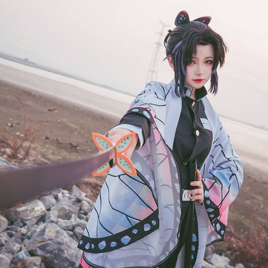 Shinobu Kocho Cosplay Costume Anime Demon Slayer Kimetsu No Yaiba Cos Full set Mushi Bashira Kocho Shinobu Kimono Crops Uniform-Demon Slayer, New Arrivals - MoonCos