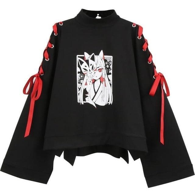 Anime fox printed cross ribbon Lolita Girls' T-shirt harajuku spring Black Top skirt hoodies-Daily wear - MoonCos