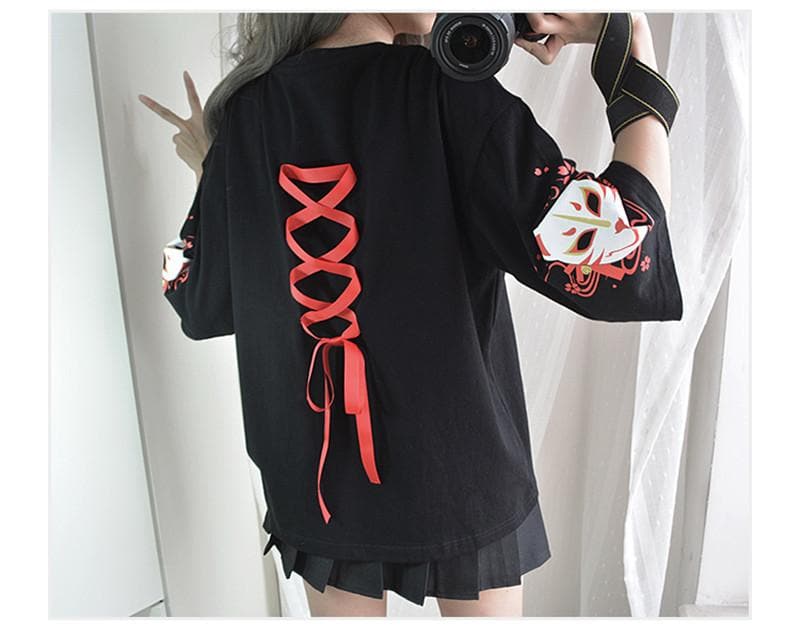 Anime fox printed cross ribbon Lolita Girls' T-shirt harajuku spring Black Top skirt hoodies-Daily wear - MoonCos