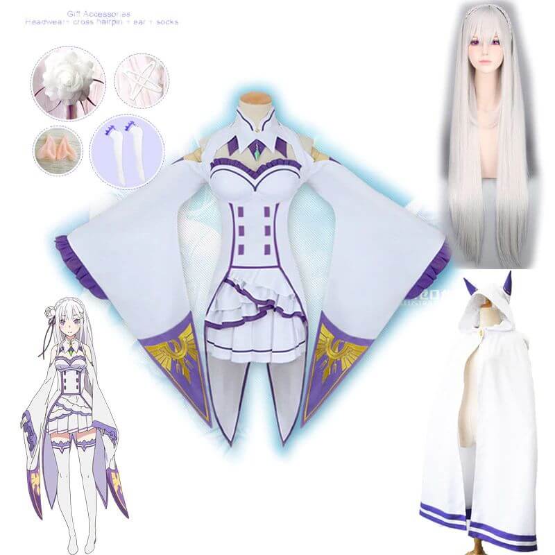 Emilia Cosplay Costume Full set Anime Re Zero Starting Life in Another World Kawaii Emilia Dress Wig Cloak Lady's Ball Dresses Gift-Emilia, Re:zero - MoonCos