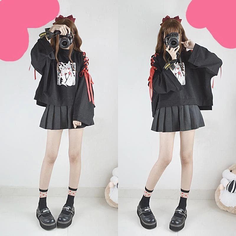 Anime fox printed cross ribbon Lolita Girls' T-shirt harajuku spring Black Top skirt hoodies-Daily wear - MoonCos