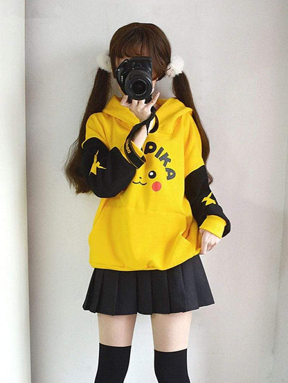 Cartoon Pikachu Hoodie Coat Jacket Yellow Hoodies Cosplay Long Sleeve Pullover Autumn Coat-Pokemon - MoonCos