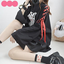 Load image into Gallery viewer, Anime fox printed cross ribbon Lolita Girls&#39; T-shirt harajuku spring Black Top skirt hoodies-Daily wear - MoonCos
