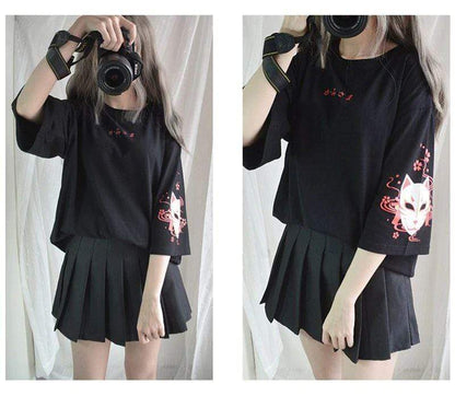 Anime fox printed cross ribbon Lolita Girls' T-shirt harajuku spring Black Top skirt hoodies-Daily wear - MoonCos