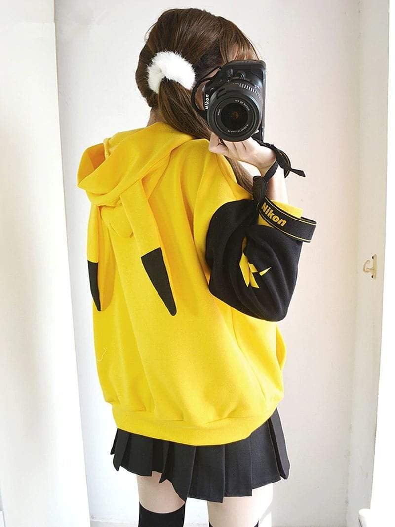 Cartoon Pikachu Hoodie Coat Jacket Yellow Hoodies Cosplay Long Sleeve Pullover Autumn Coat-Pokemon - MoonCos