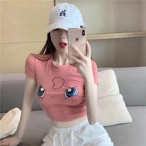Cute Cartoon T-shirt Slim-fit Kawaii Pikachu short Sleeves Cartoon Jigglypuff Sexy T-shirt Female Short Sleeves Summer Sleeved Women Cosplay Girl Sex Costume Female T-shirt-Daily wear, Pokemo