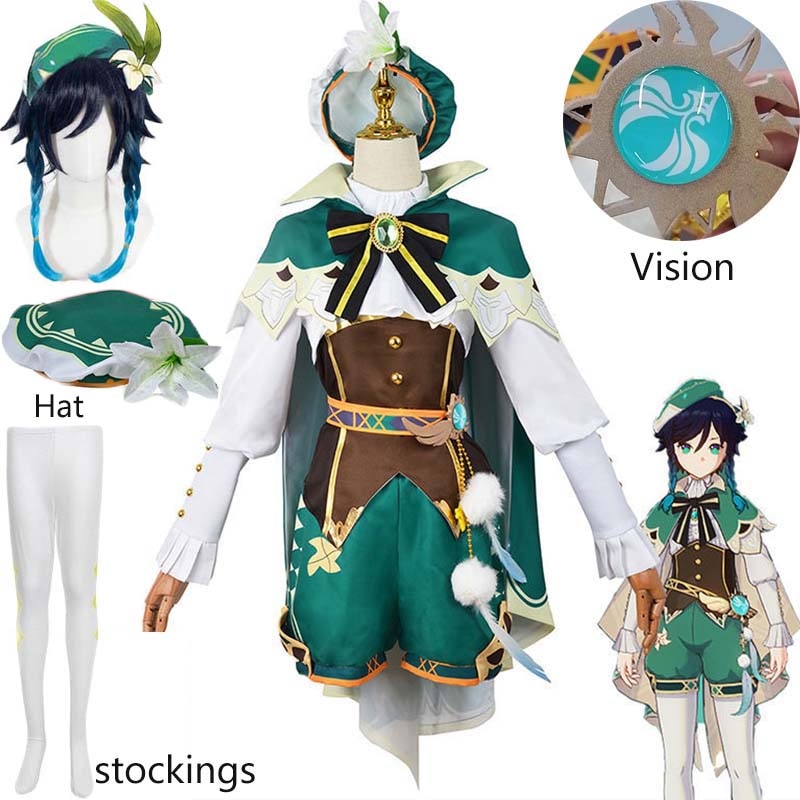 Venti Cosplay Costume Dress Outfits Game Genshin Impact Cos Wig Headwear God of Wind Barbato Full Set-Genshin Impact - MoonCos