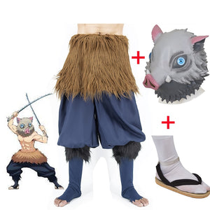 Hashibira Inosuke Cosplay Costume Pig Silicone Mask Anime Demon Slayer Outfit Kimetsu no Yaiba Black Socks Sandals-Demon SLayer - MoonCos