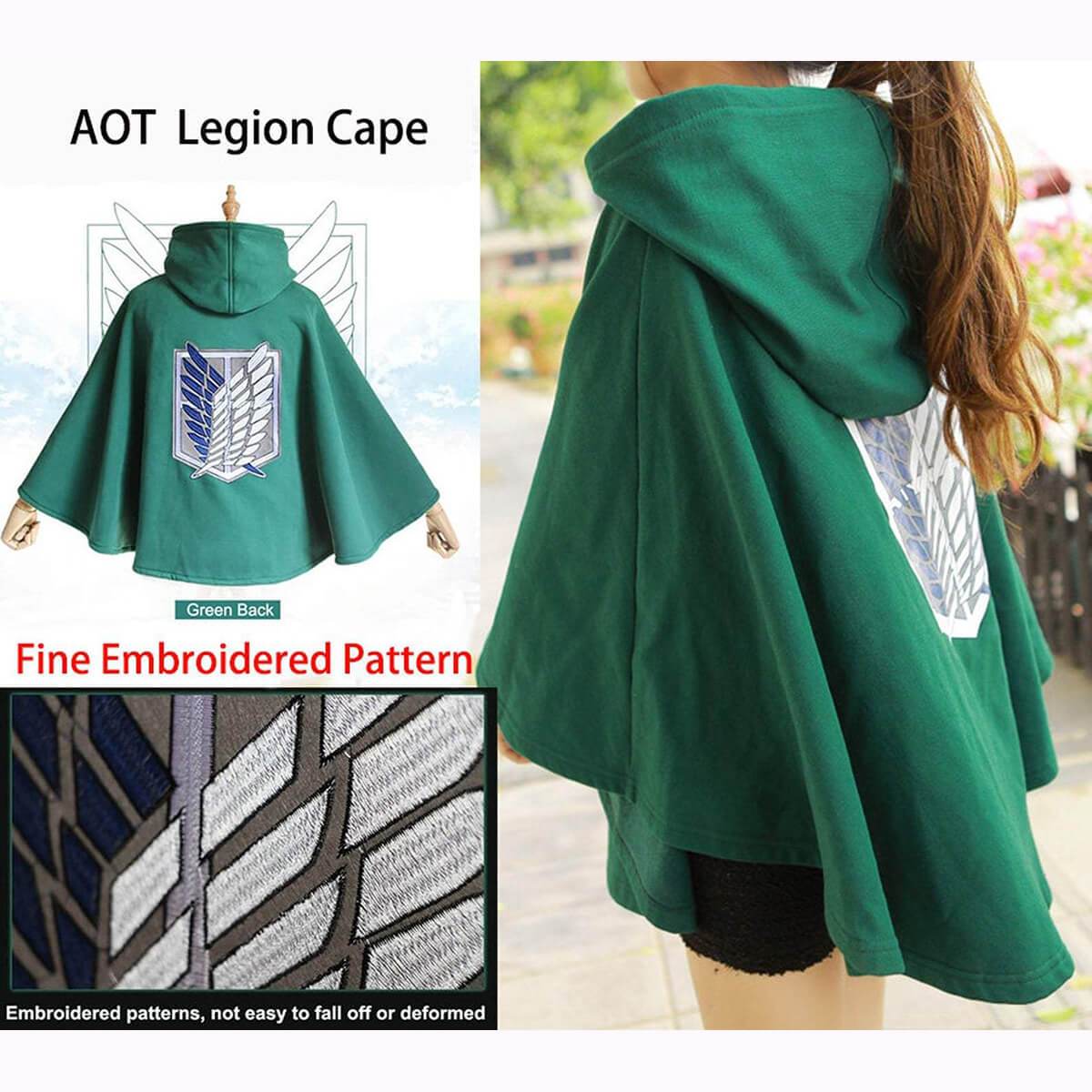 Embroidery Attack on Titan Cloak Hoodie Shingeki no Kyojin Hoodie AOT Cape Scouting Legion Cloak Cool Green Cape Unisex Anime survey corps-Attack on Titan, Featured Collection, Hot Sale - Moo