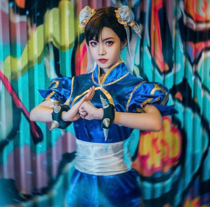 Chun Li Cosplay Costume Game Street Fighter Chunlee Cos Cheongsam Set Dress Skirt Wig Bracelet Accessories Battle Dress-Street Fighter - MoonCos