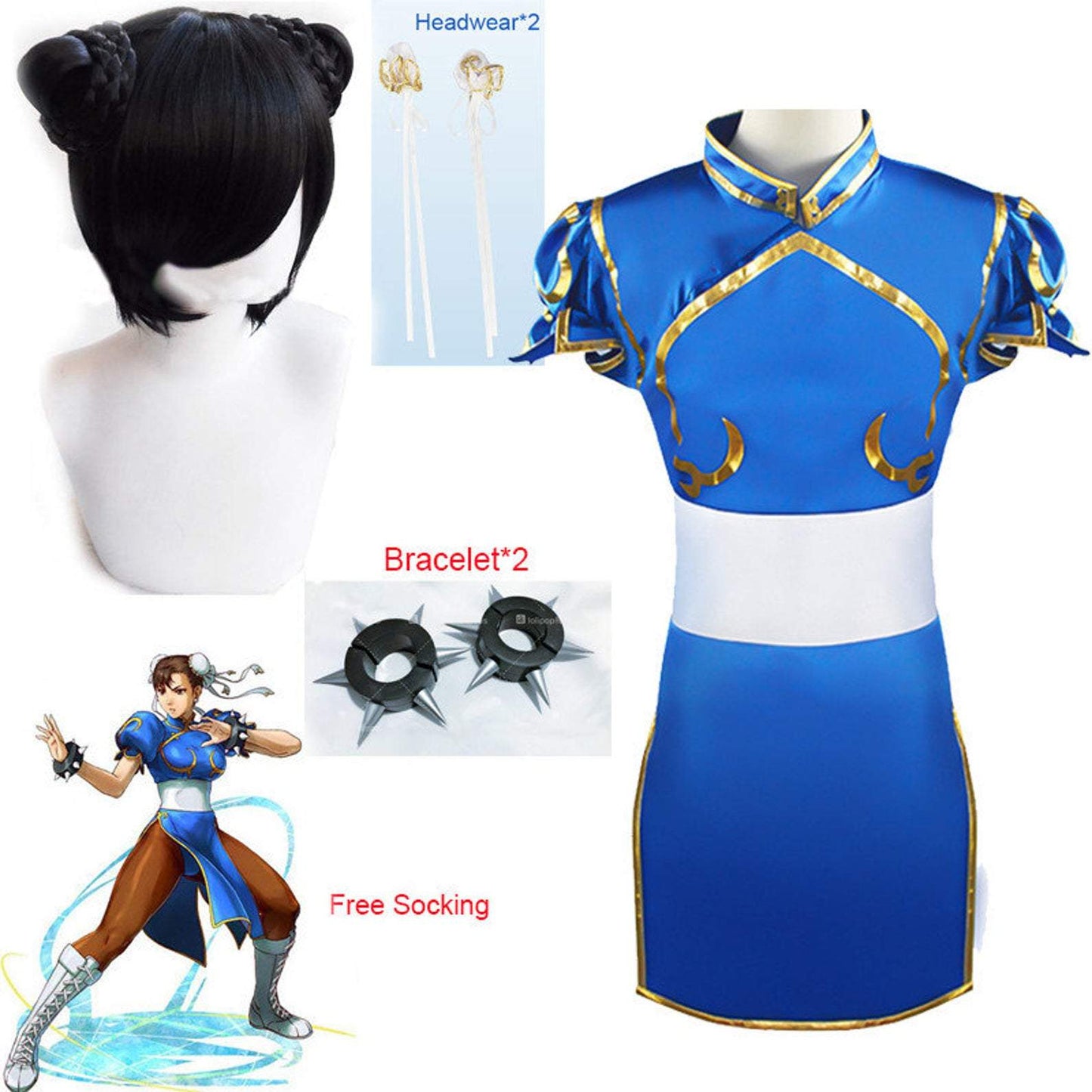 Chun Li Cosplay Costume Game Street Fighter Chunlee Cos Cheongsam Set Dress Skirt Wig Bracelet Accessories Battle Dress-Street Fighter - MoonCos