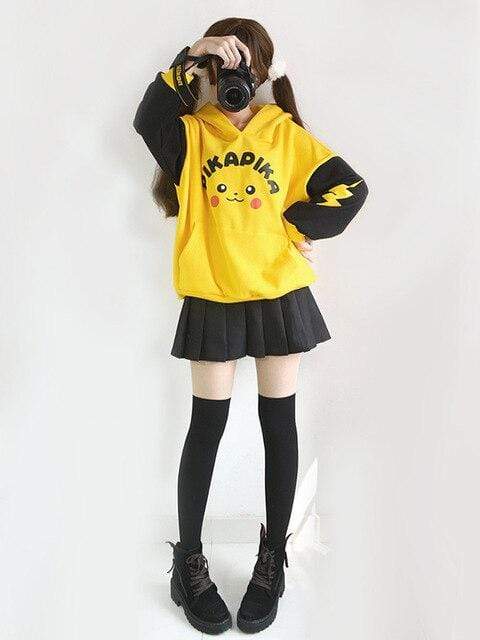 Cartoon Pikachu Hoodie Coat Jacket Yellow Hoodies Cosplay Long Sleeve Pullover Autumn Coat-Pokemon - MoonCos