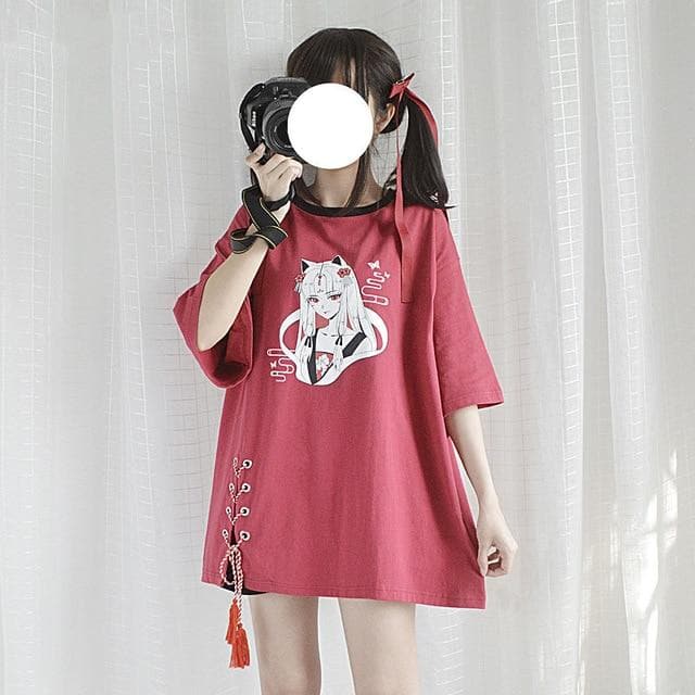 Anime fox printed cross ribbon Lolita Girls' T-shirt harajuku spring Black Top skirt hoodies-Daily wear - MoonCos