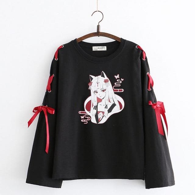 Anime fox printed cross ribbon Lolita Girls' T-shirt harajuku spring Black Top skirt hoodies-Daily wear - MoonCos