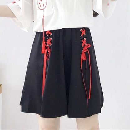 Anime fox printed cross ribbon Lolita Girls' T-shirt harajuku spring Black Top skirt hoodies-Daily wear - MoonCos