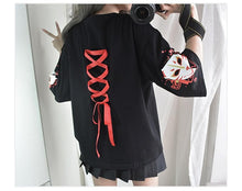 Load image into Gallery viewer, Anime fox printed cross ribbon Lolita Girls&#39; T-shirt harajuku spring Black Top skirt hoodies-Daily wear - MoonCos
