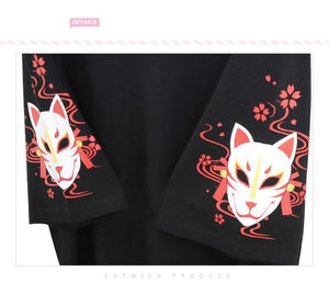 Anime fox printed cross ribbon Lolita Girls' T-shirt harajuku spring Black Top skirt hoodies-Daily wear - MoonCos